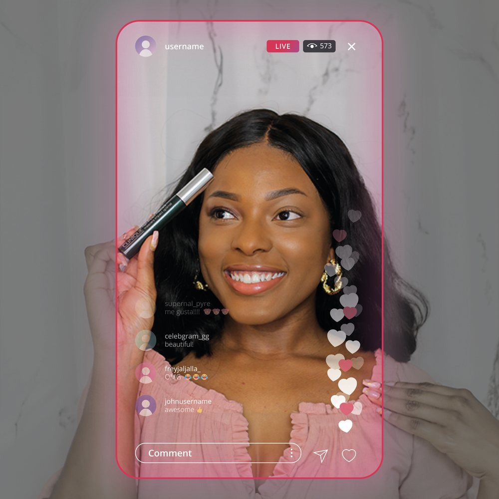 A creator livestreaming a beauty product while viewer comments and reactions appear over the video